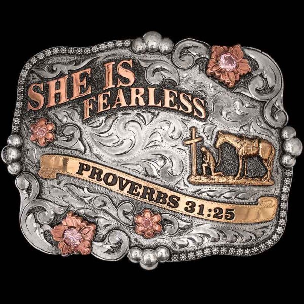 A custom women's western pleasure belt buckle trophy for WCNA Champion featuring a cowgirl figure 